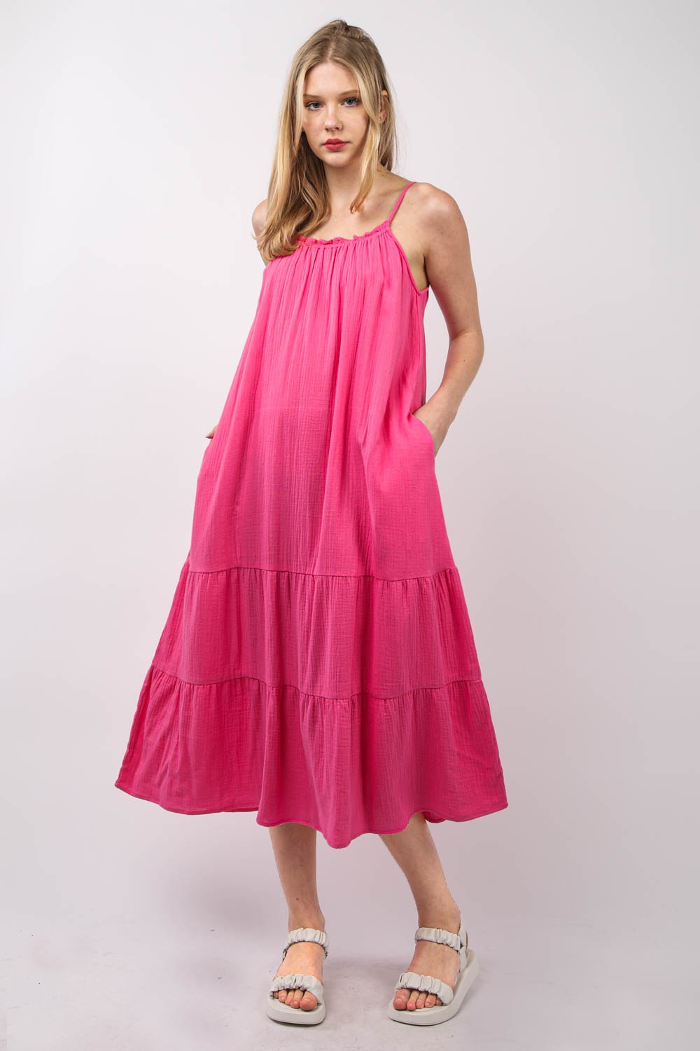 VERY J Ruffled A-Line Midi Cami Dress - Versatile Summer Fashion with Pockets