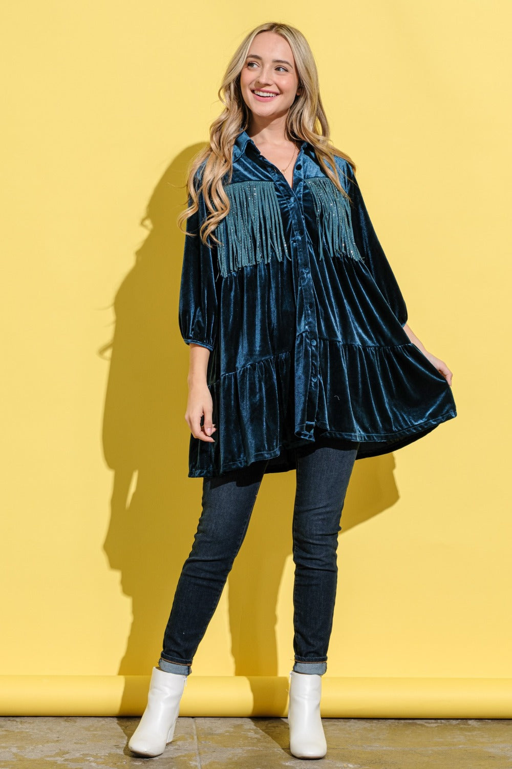 Fringe Detailed Velvet Shirt Dress by And The Why - Luxurious & Stylish