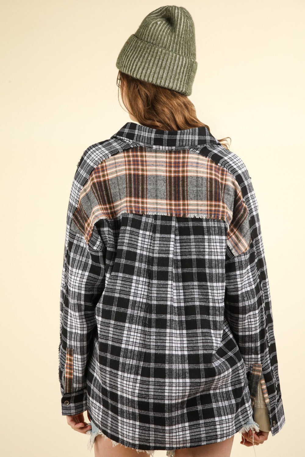 Women's Oversized Plaid Shirt with Raw Edge Details - Perfect Fall Fashion