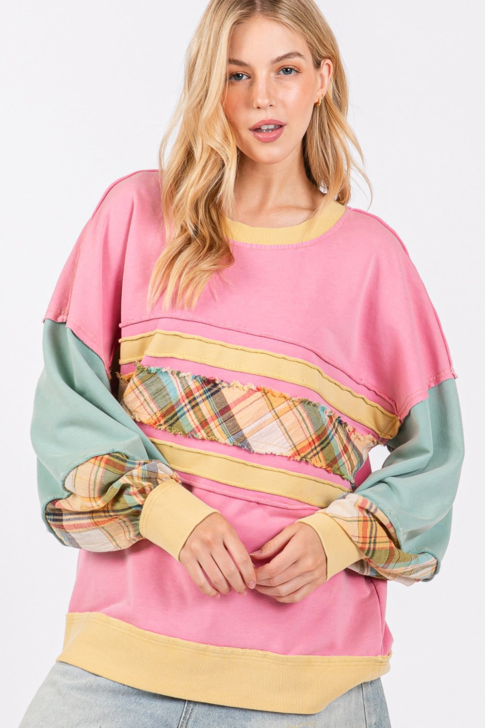 Trendy Mineral Wash Raw Edge Color Block Sweatshirt with Plaid Print