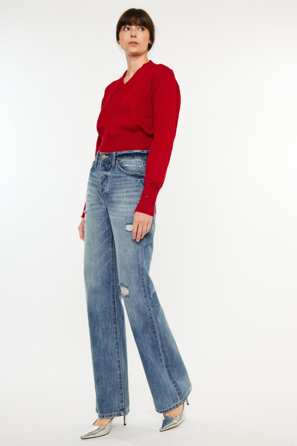Kancan Women's Distressed High Waist Bootcut Jeans - Retro Chic Fashion for a Flattering Silhouette
