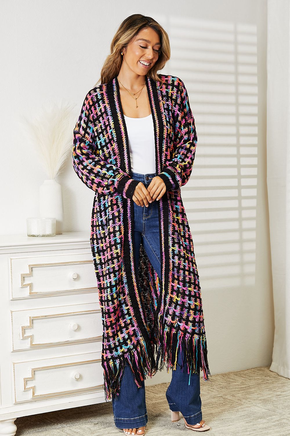 Full Size Colorful Fringe Hem Cardigan - Boho Chic Layering Piece