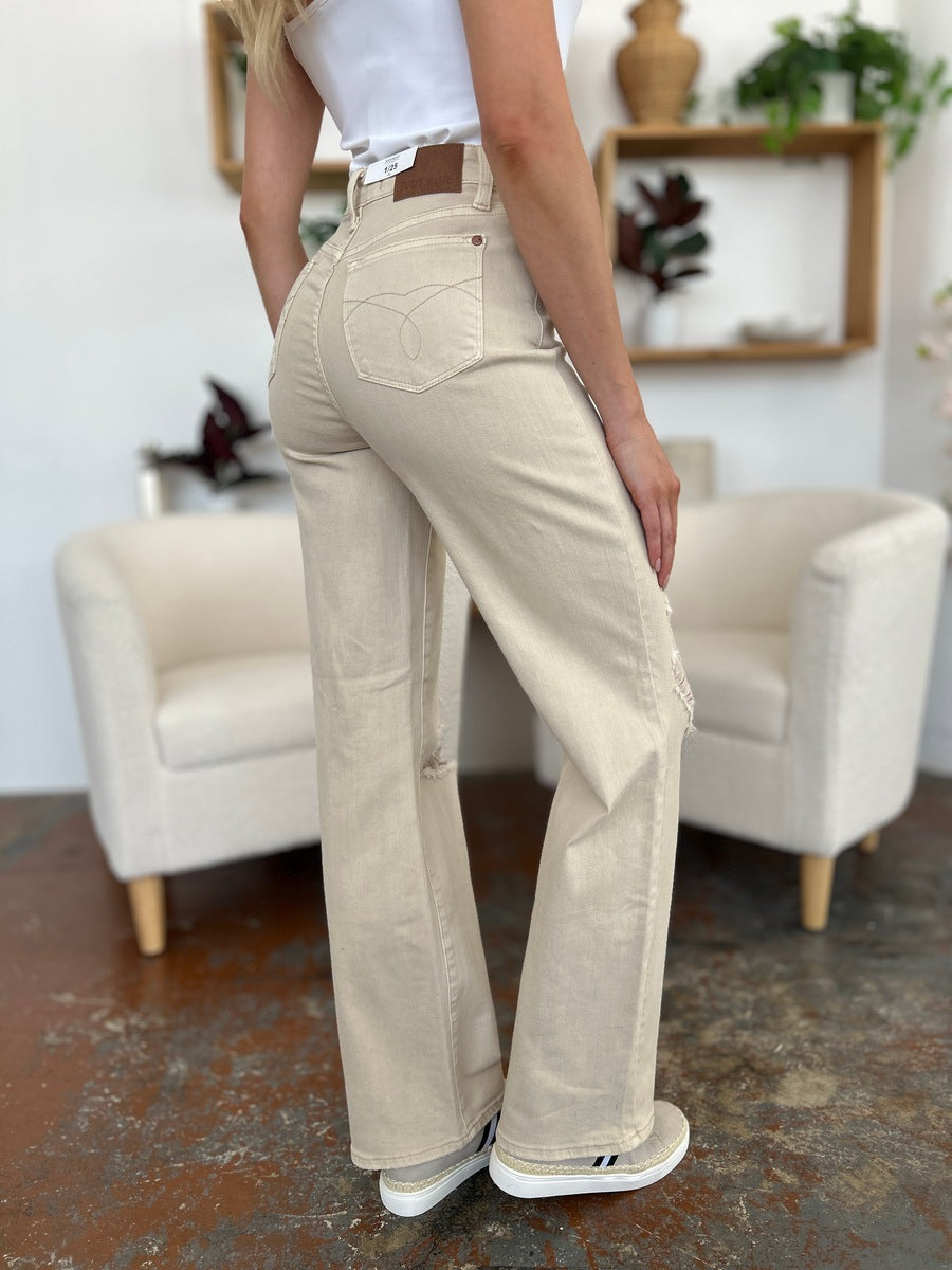 Judy Blue High Waist Distressed Wide Leg Jeans - Trendy Denim for Modern Fashion