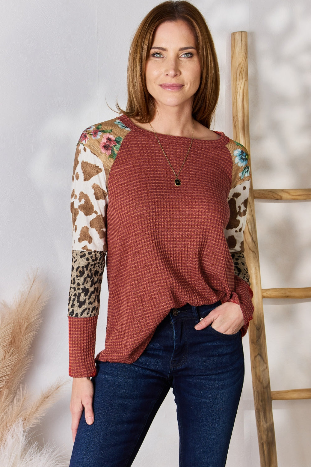 Hailey & Co Full Size Leopard Waffle-Knit Blouse – Trendy & Cozy Women's Fashion