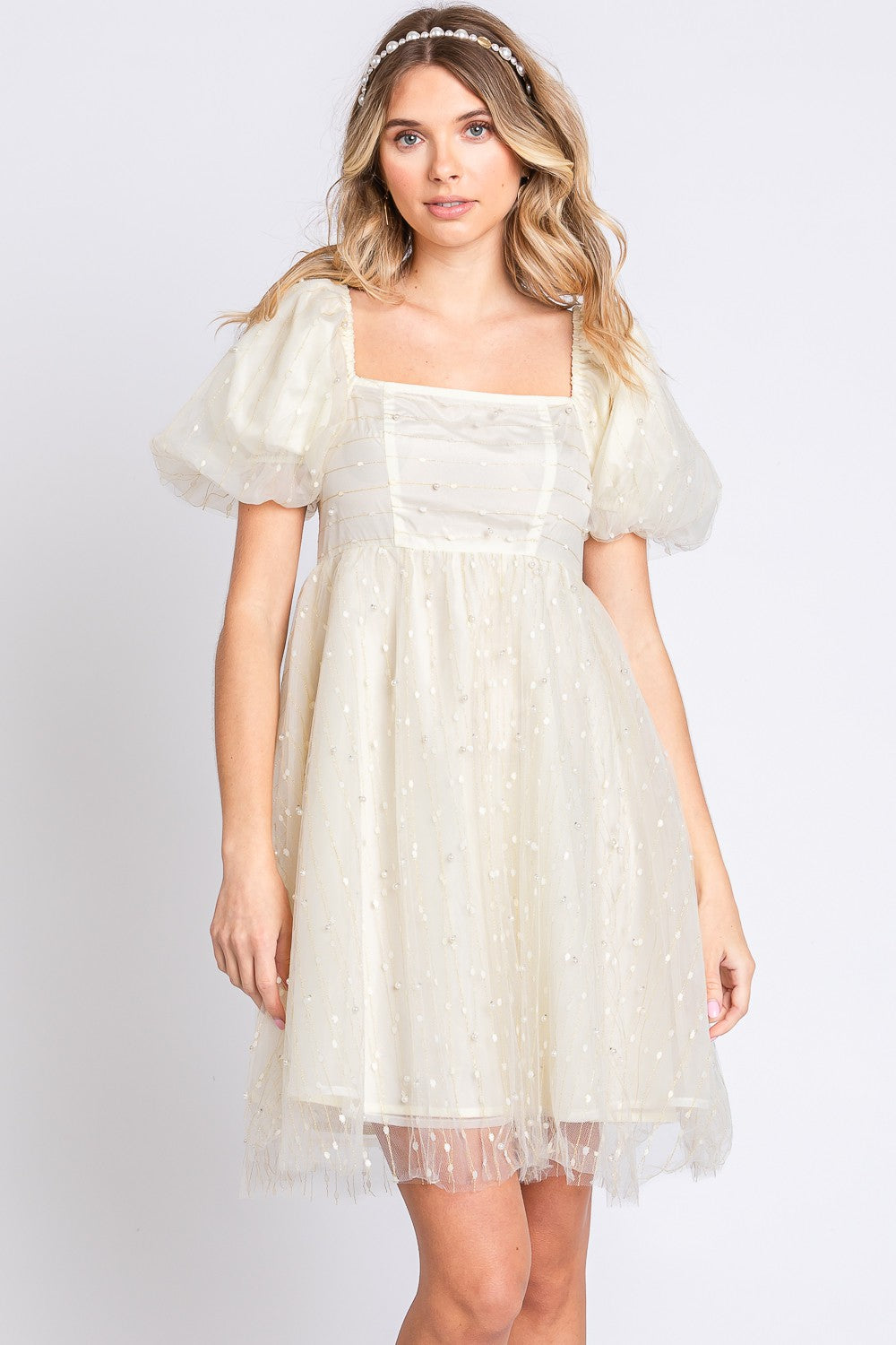 GeeGee Pearl Mesh Puff Sleeve Babydoll Dress - Elegant Special Occasion Wear
