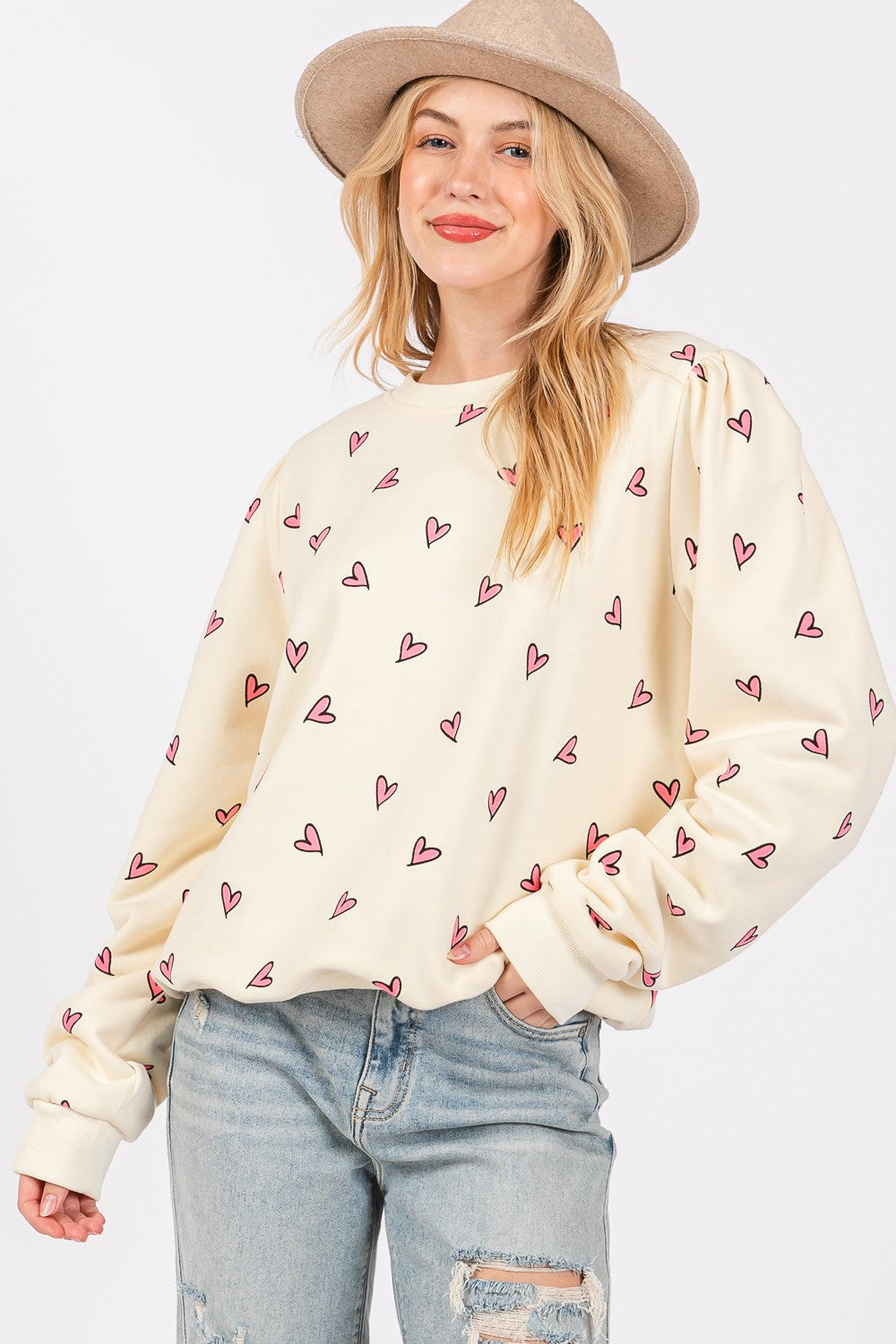 Cozy Heart Print Oversized Crewneck Sweatshirt - SAGE + FIG