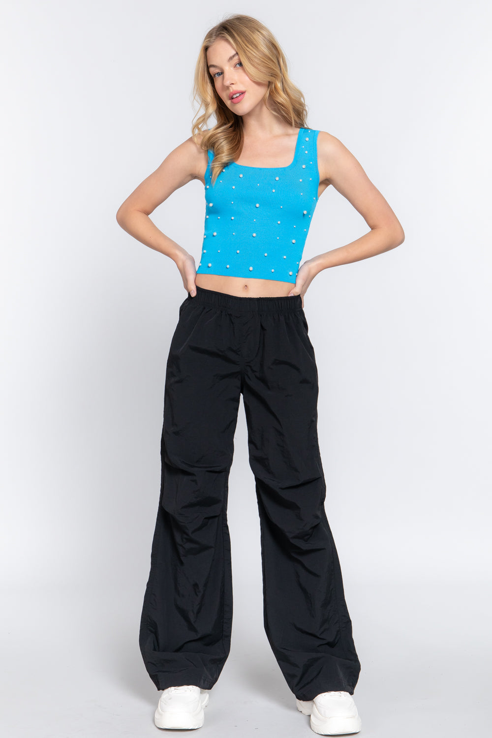 Stylish Pearl Detail Square Neck Cropped Tank Top - Trendy Women's Fashion