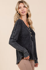 Mittoshop Women's Washed V-Neck Long Sleeve Blouse - Vintage Style, 100% Cotton