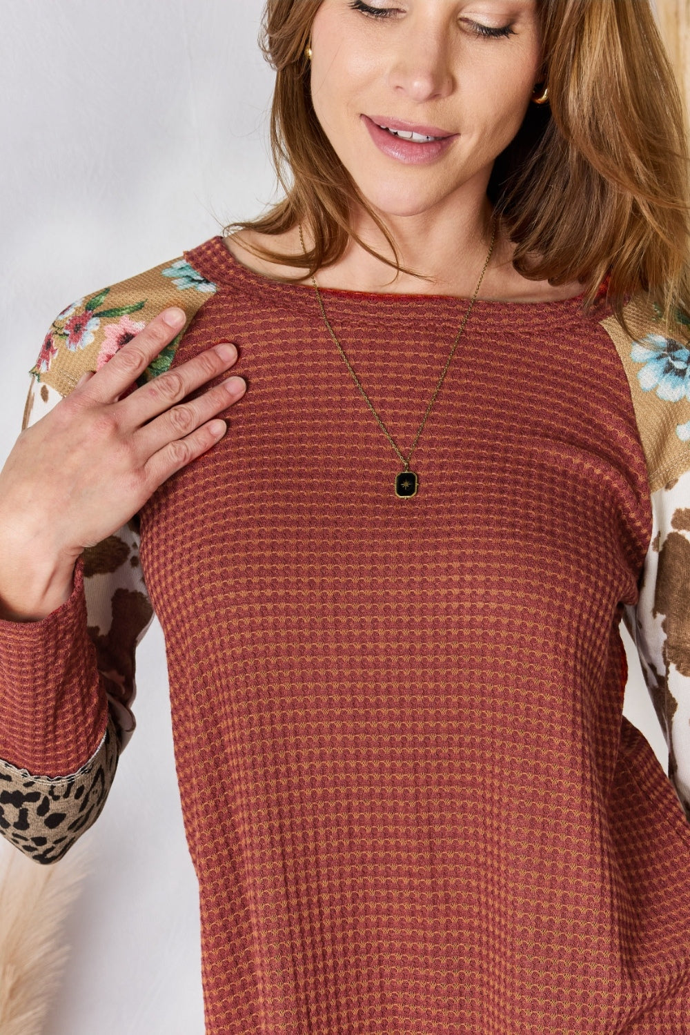 Hailey & Co Full Size Leopard Waffle-Knit Blouse – Trendy & Cozy Women's Fashion