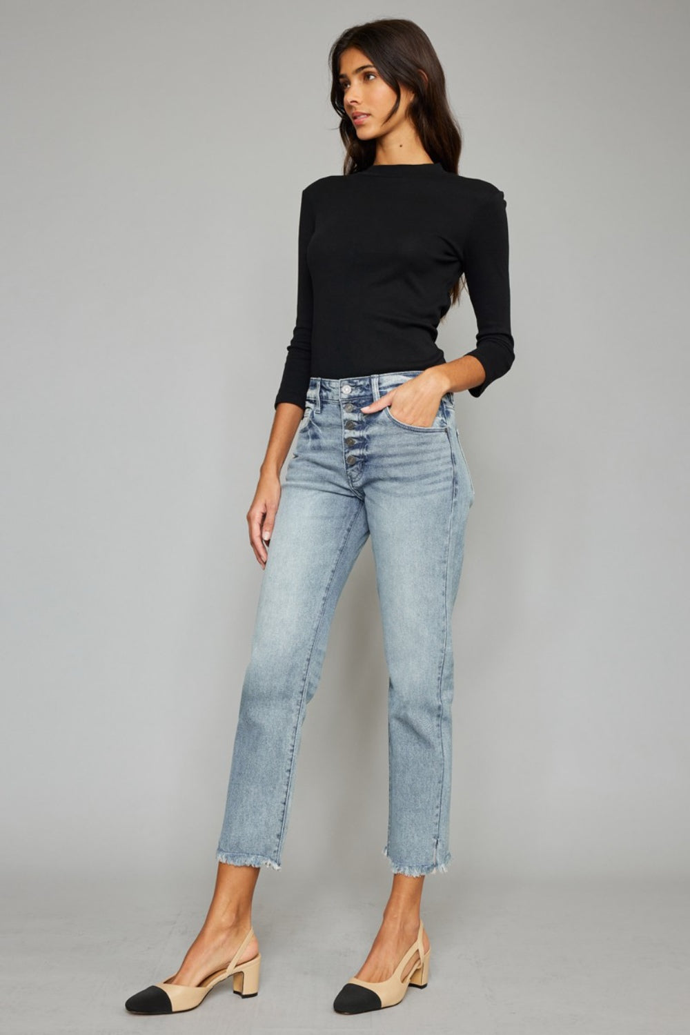 Kancan Women's High Waist Button Fly Jeans - Vintage Raw Hem Cropped Straight