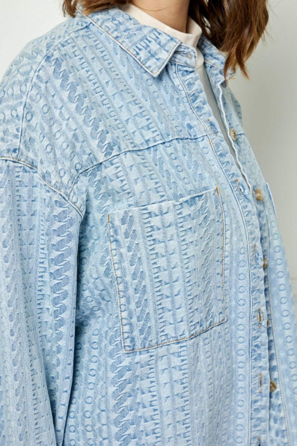 Veveret Relaxed Fit Button-Up Denim Top with Dropped Shoulders