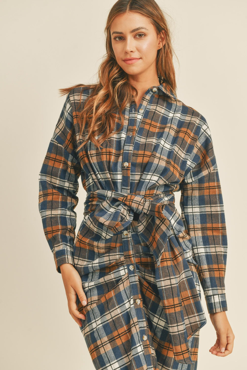 Women's Mable Plaid Flannel Button Down Tie Shirt Dress - Trendy & Versatile