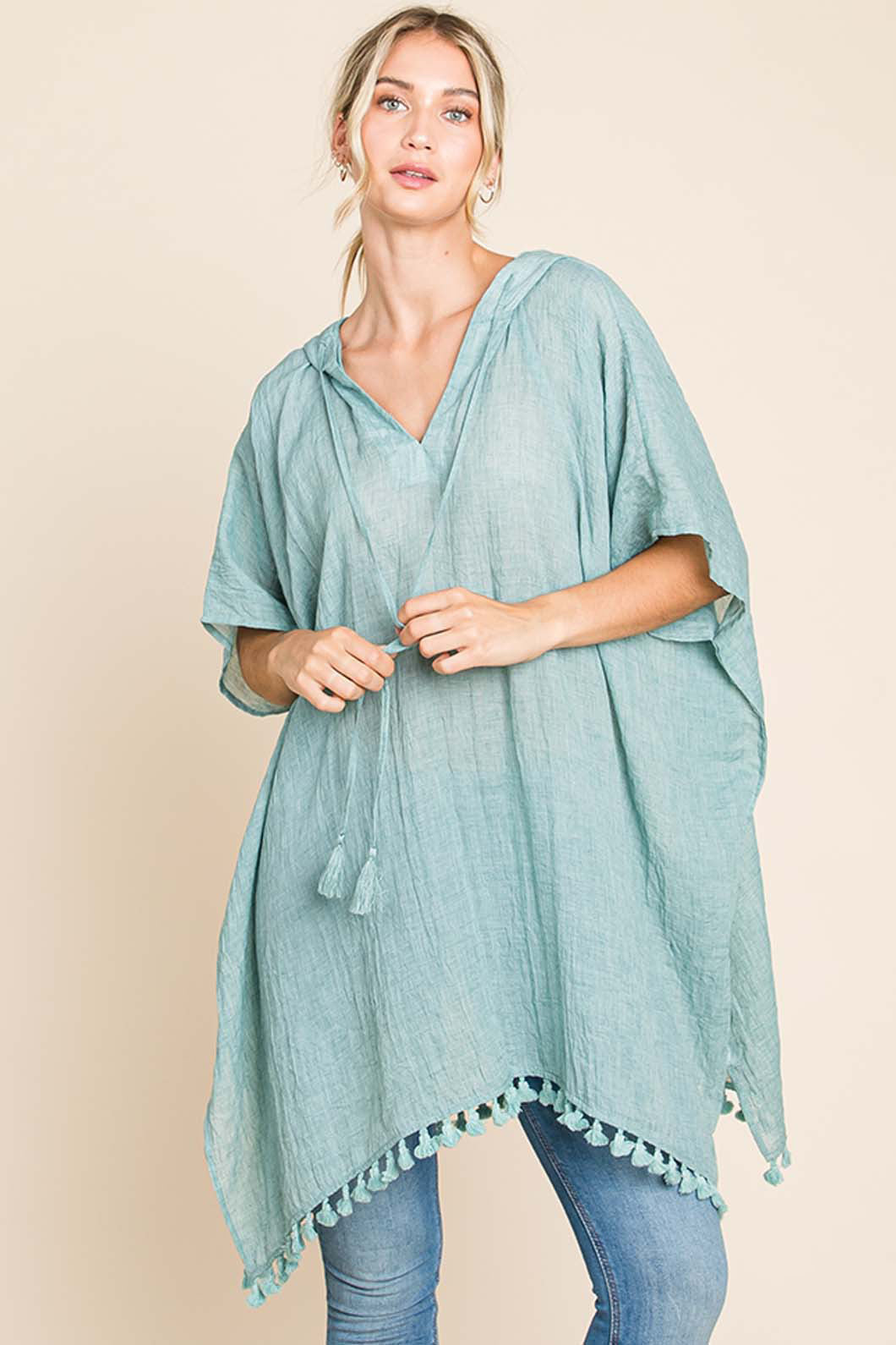 Cotton Bleu by Nu Label Tassel Hem Hooded Beach Cover Up - 100% Cotton