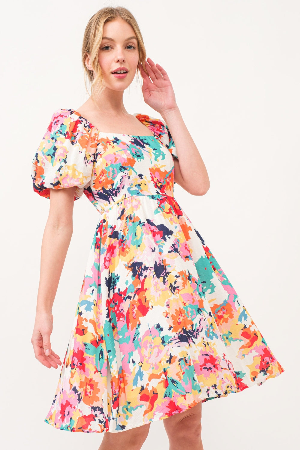 Square Neck Puff Sleeve Floral Dress by And The Why - Elegant Summer Outfit