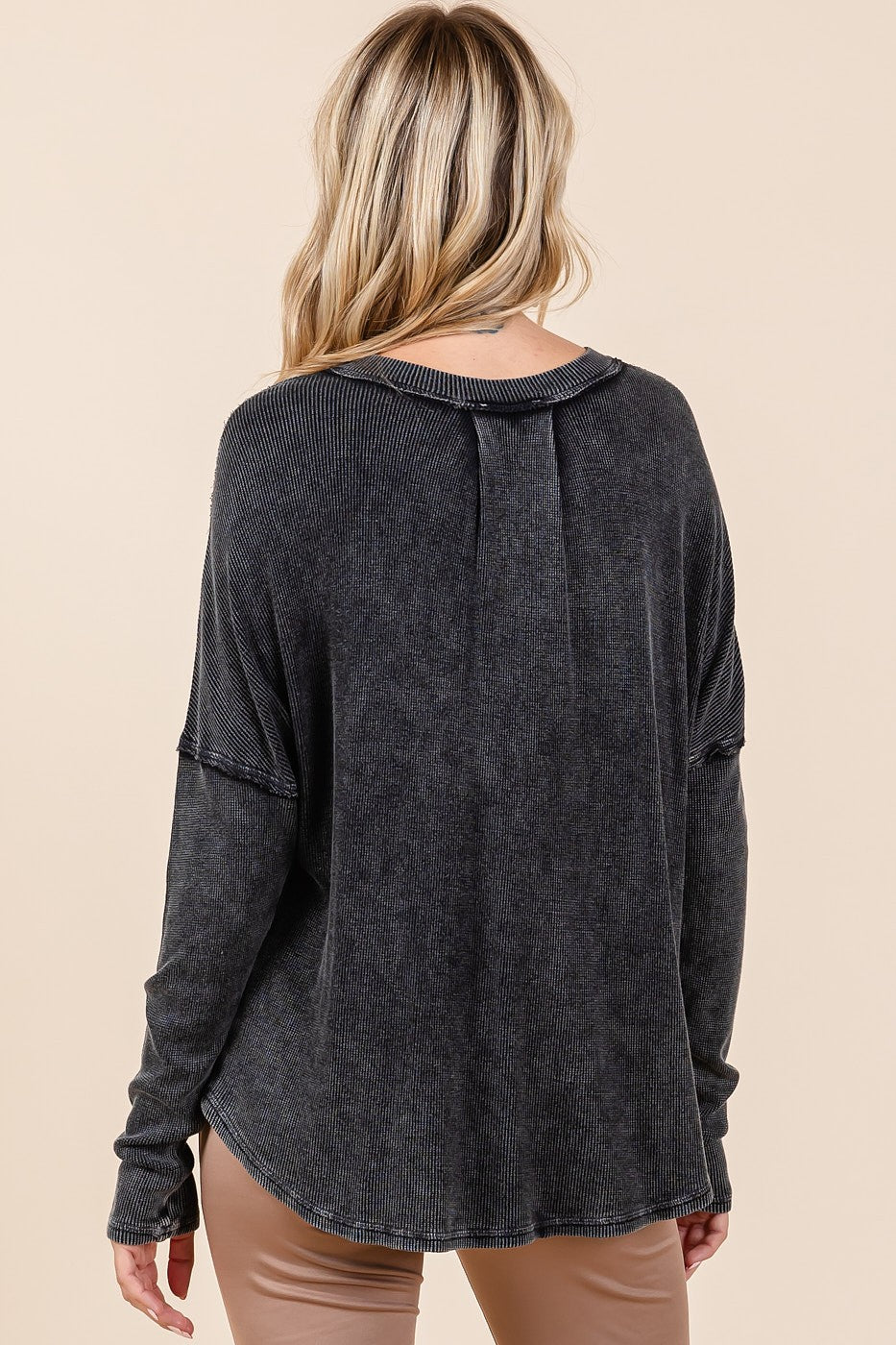 Mittoshop Women's Washed V-Neck Long Sleeve Blouse - Vintage Style, 100% Cotton