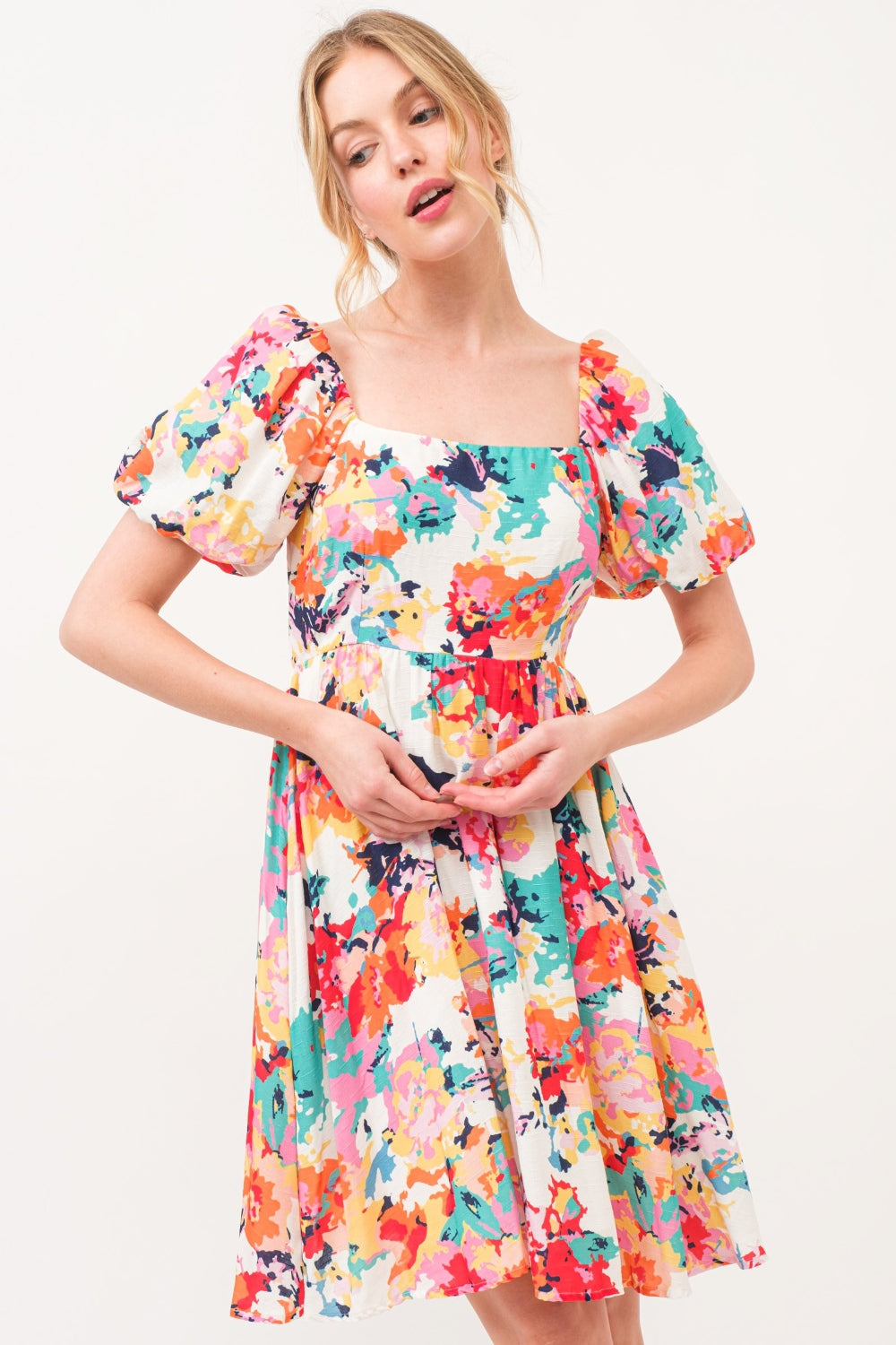 Square Neck Puff Sleeve Floral Dress by And The Why - Elegant Summer Outfit