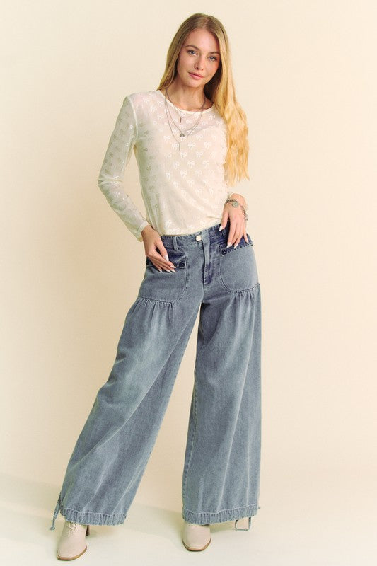 Davi & Dani Elegant Bow Mesh Round Neck Long Sleeve Top