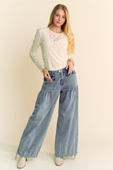 Davi & Dani Elegant Bow Mesh Round Neck Long Sleeve Top