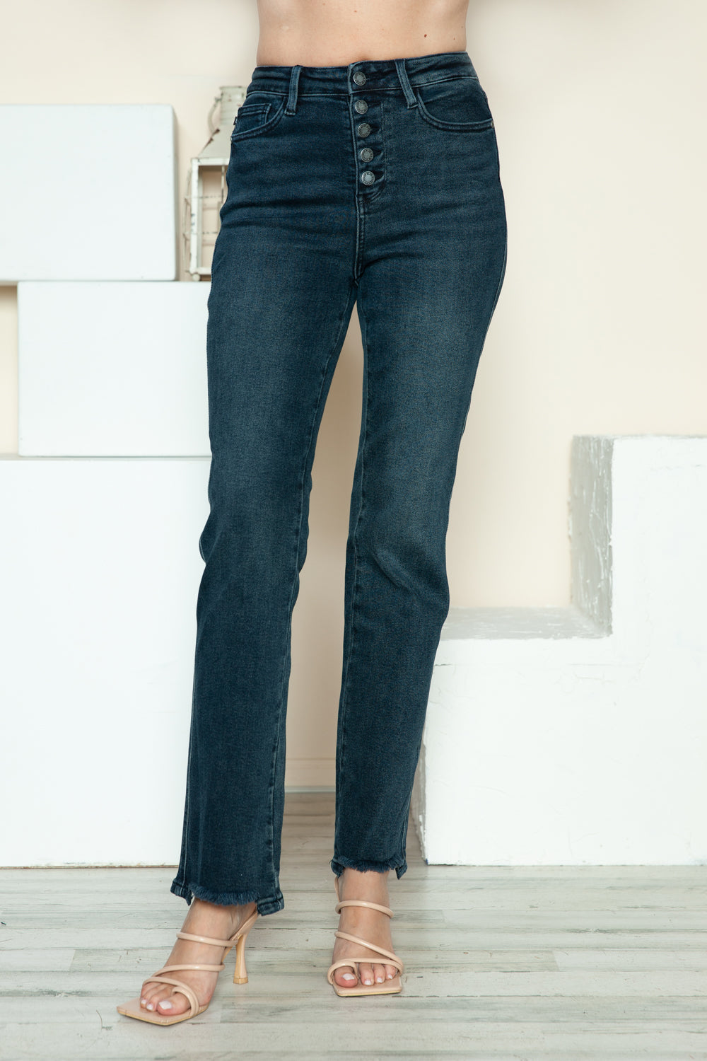 Judy Blue Women's Full Size Button Fly Distressed Straight Leg Jeans - Comfortable & Trendy Denim