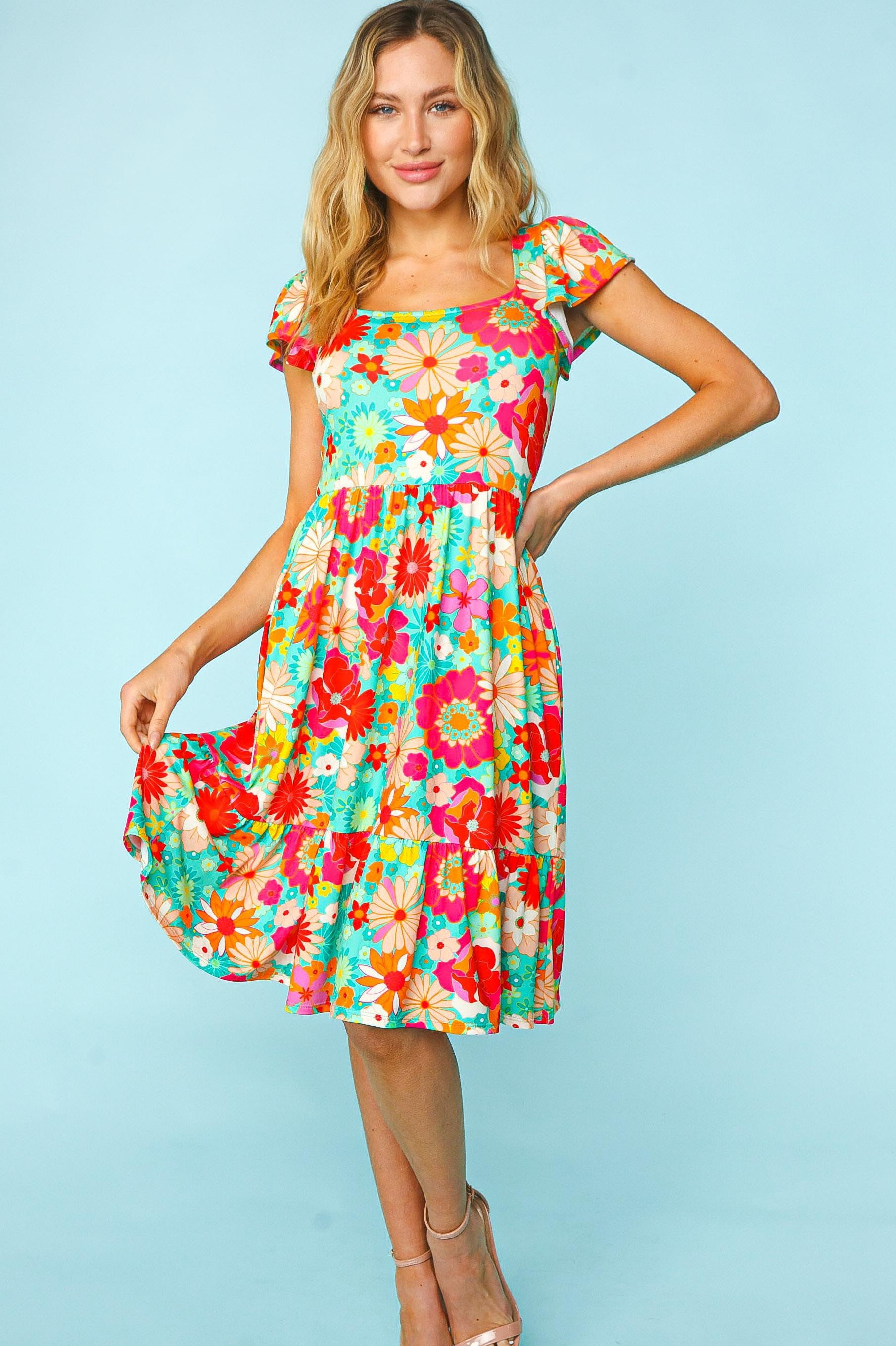 Haptics Floral Square Neck Short Sleeve Dress - Romantic & Elegant Women's Fashion