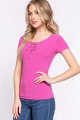 Trendy Women's Lace-Up Rib Knit Short Sleeve T-Shirt – Perfect for Casual & Stylish Outfits