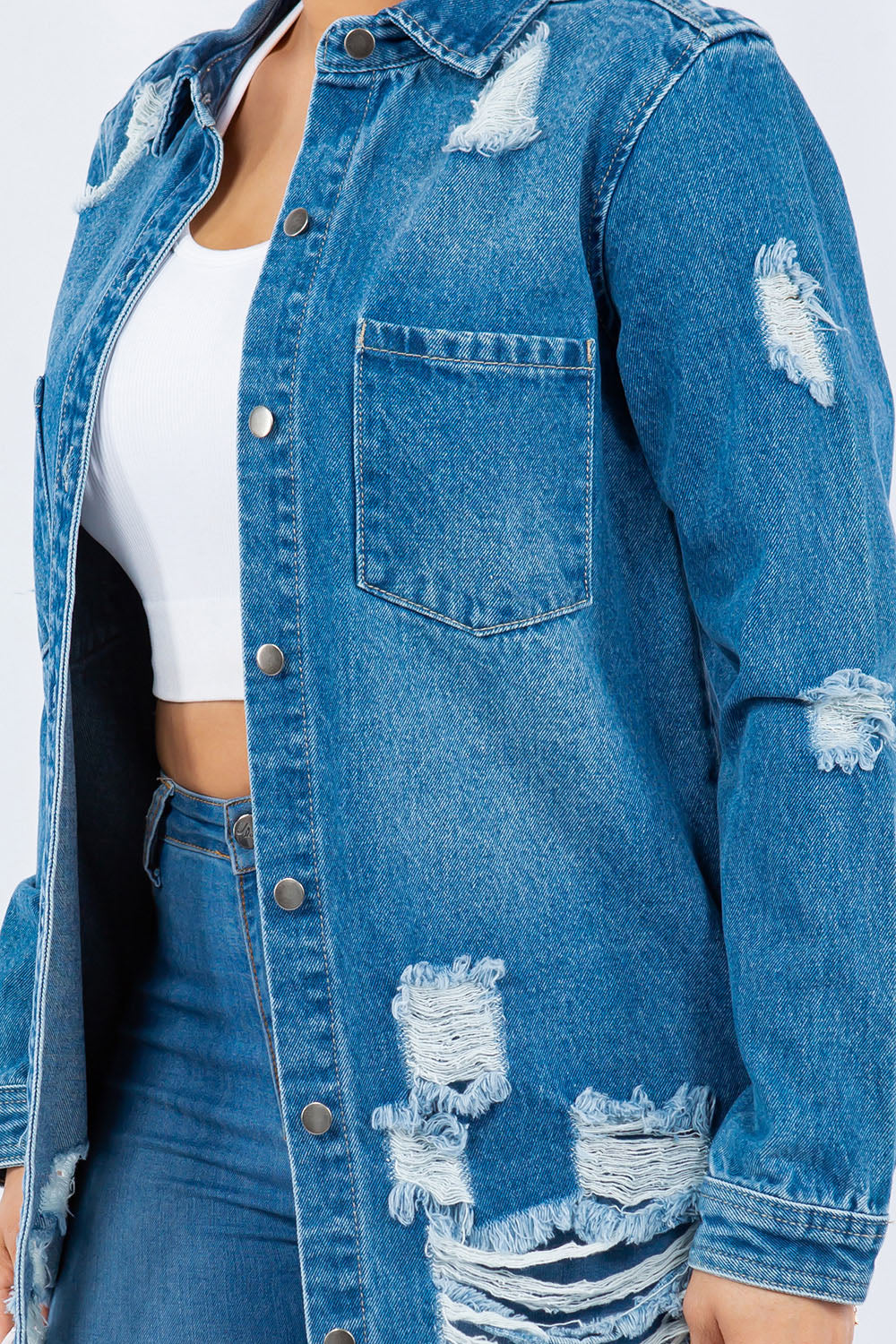 American Bazi Women's Distressed Long Sleeve Denim Jacket - Trendy Button-Up
