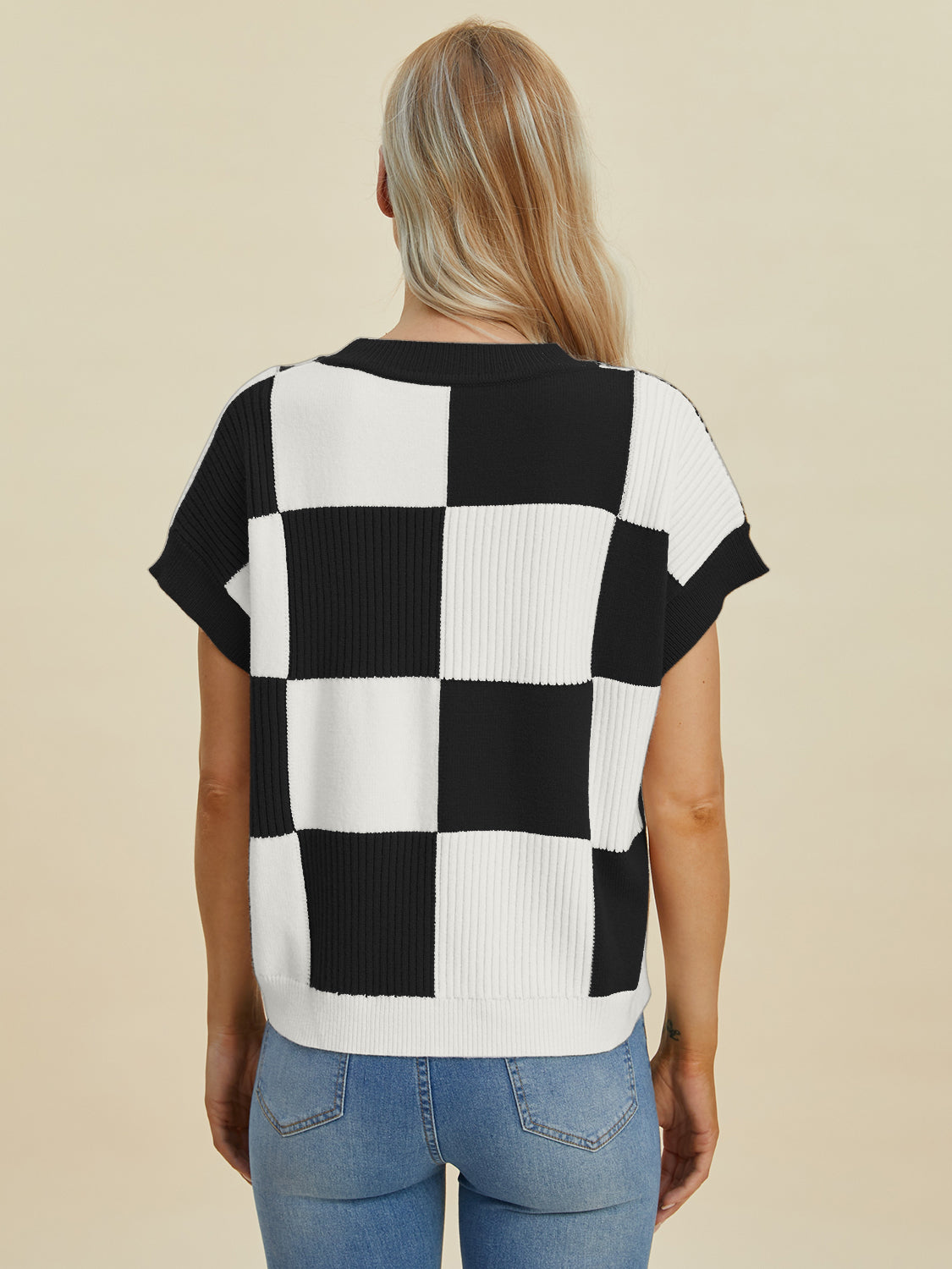 Stylish Checkered Round Neck Short Sleeve Sweater - Double Take Collection