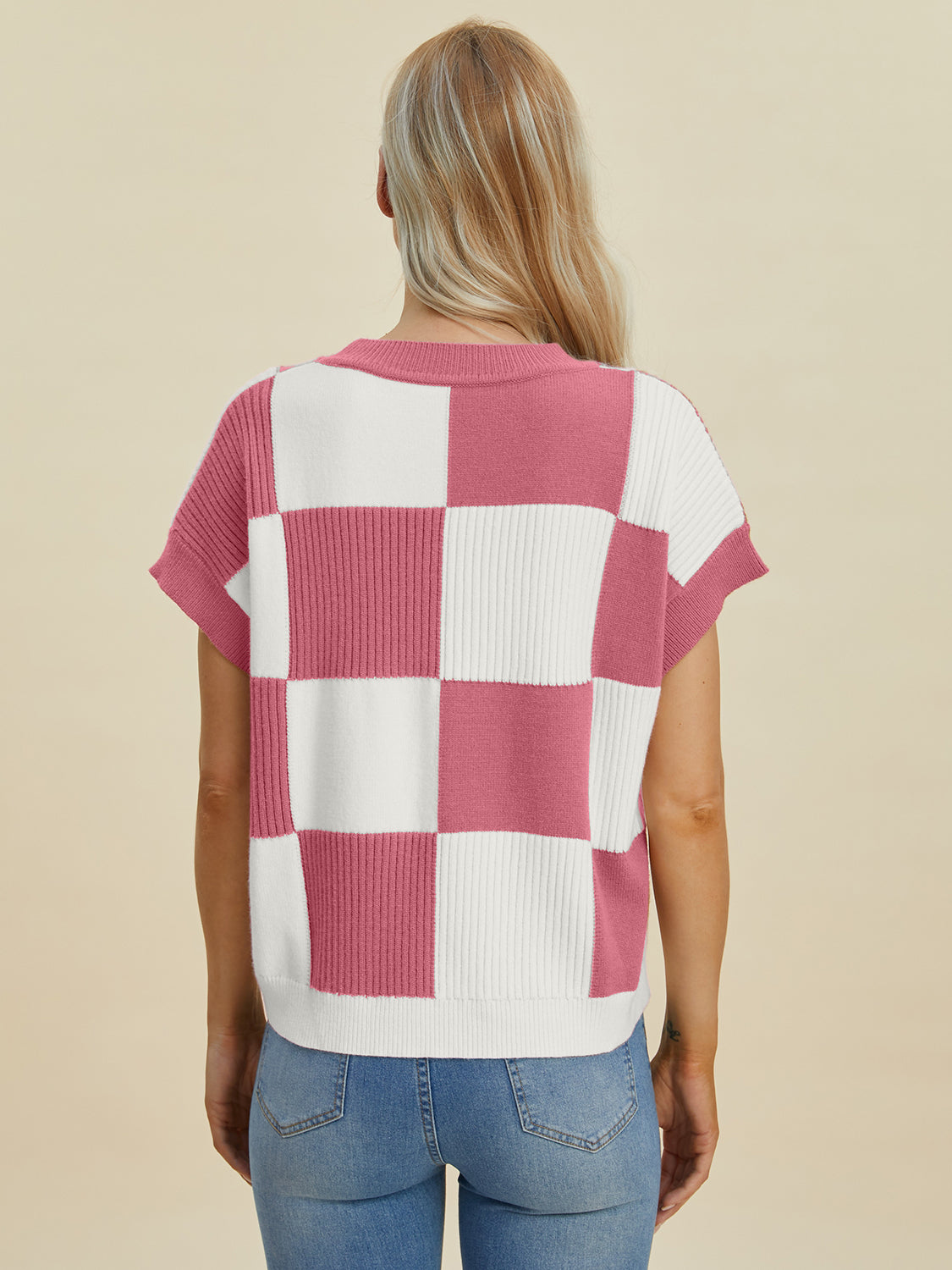 Stylish Checkered Round Neck Short Sleeve Sweater - Double Take Collection