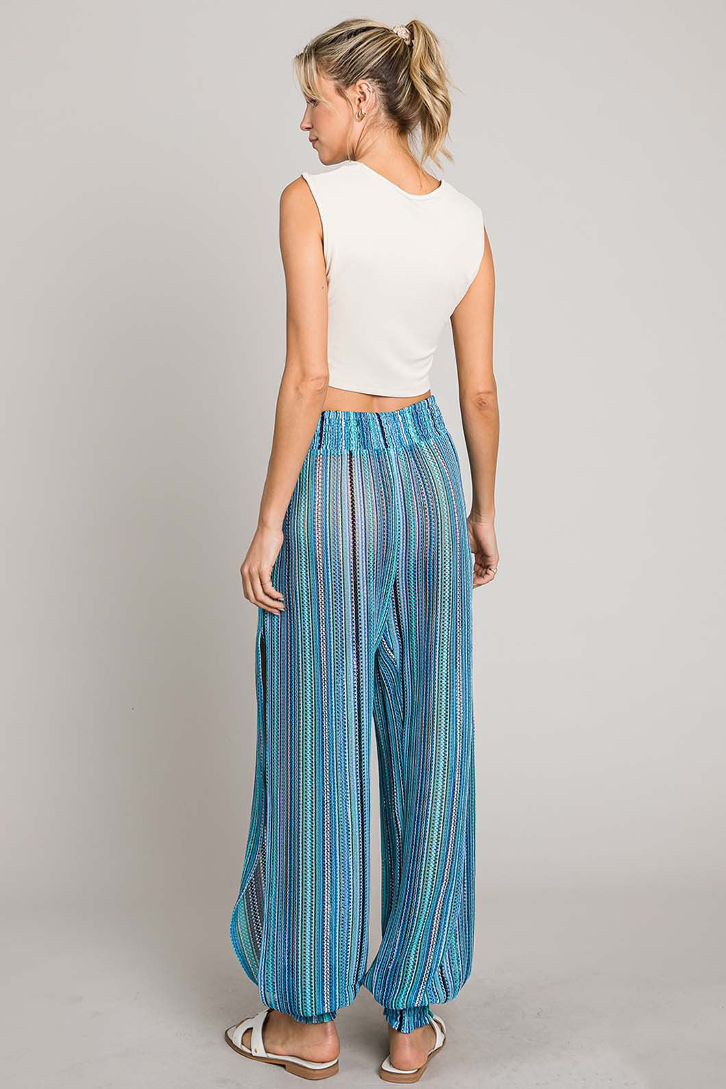 Cotton Bleu Striped Smocked Cover Up Beach Pants - Chic & Comfortable Resort Wear