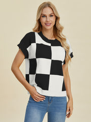 Stylish Checkered Round Neck Short Sleeve Sweater - Double Take Collection
