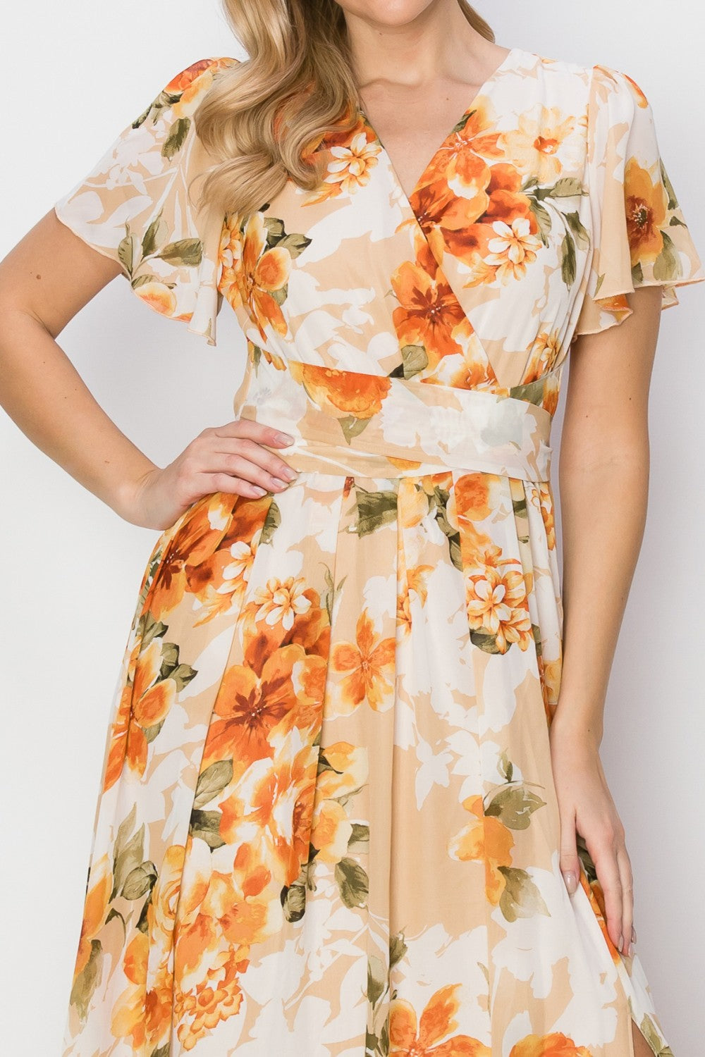 HYFVE Elegant Floral Tie Back Maxi Dress with Slit & Short Sleeves