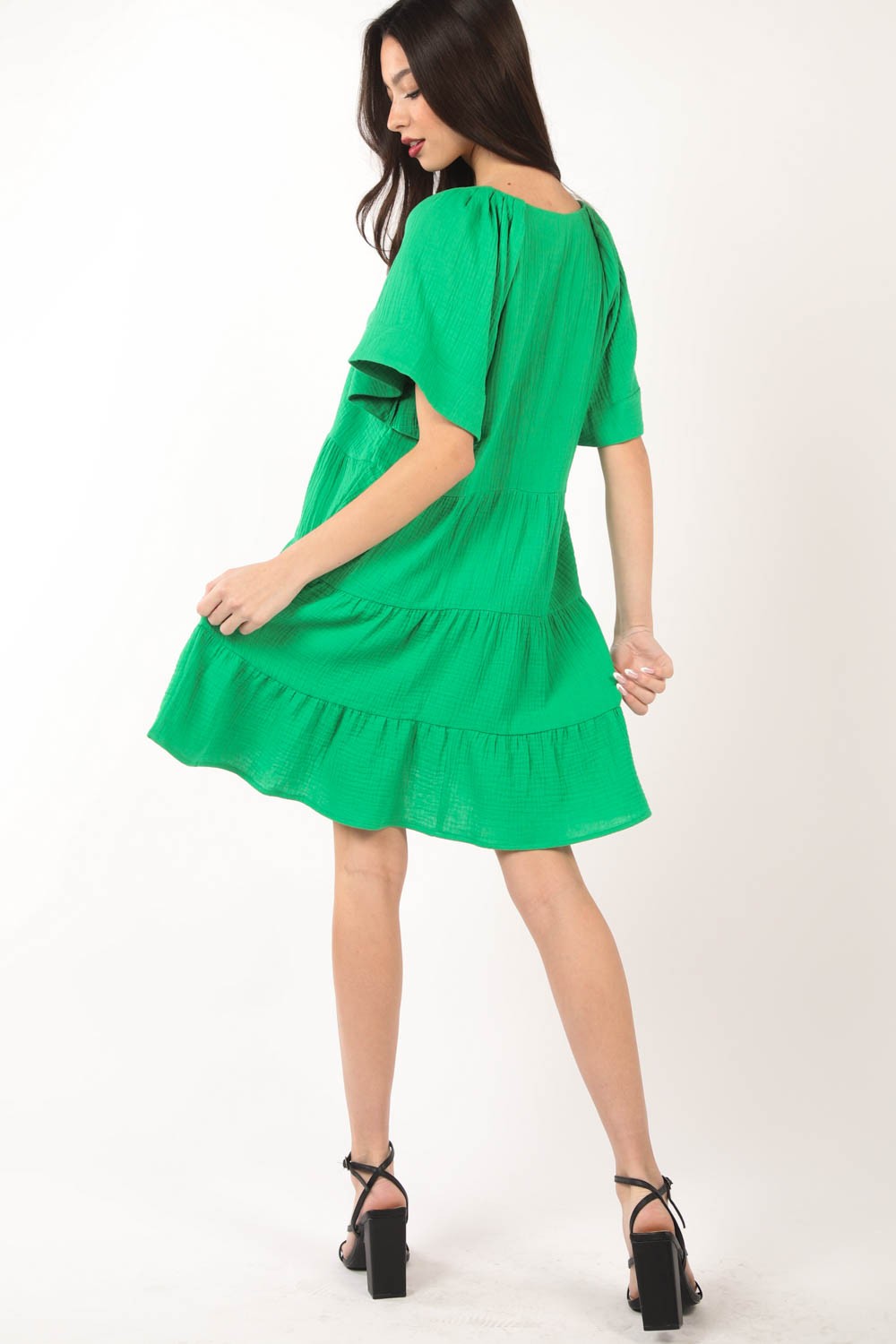 VERY J Textured V-Neck Ruffled Tiered Cotton Dress - Elegant & Feminine