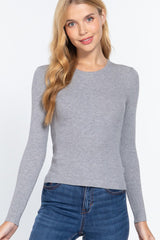 ACTIVE BASIC Ribbed Knit Long Sleeve Top - Stylish Round Neck Women's Sweater
