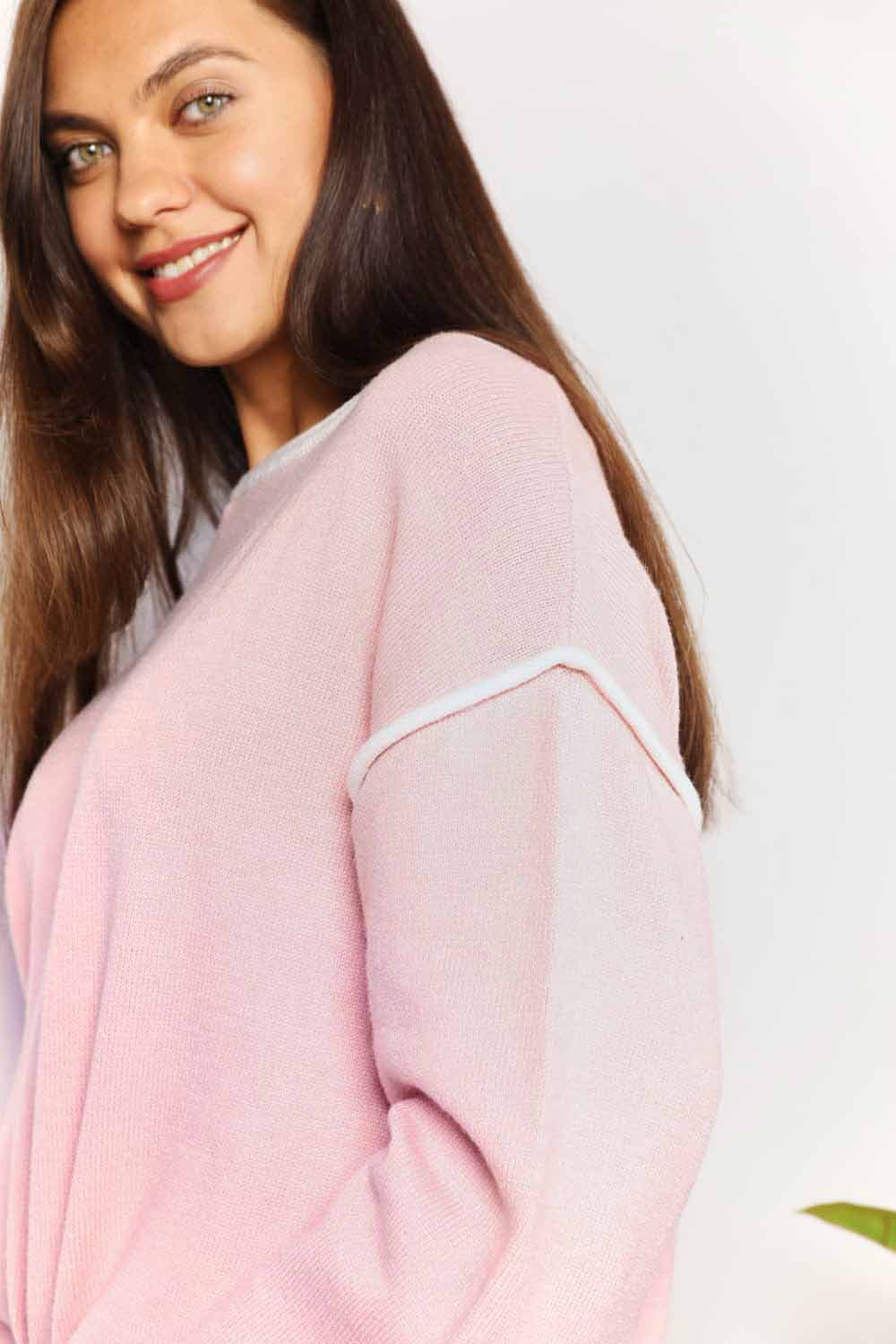 Contrast Detail Dropped Shoulder Knit Top - Elegant Boat Neck Pullover