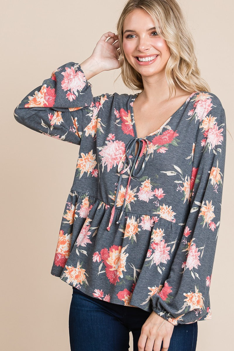 Elegant Floral Long Sleeve Babydoll Blouse - Women's Full Size Top by Super Lady