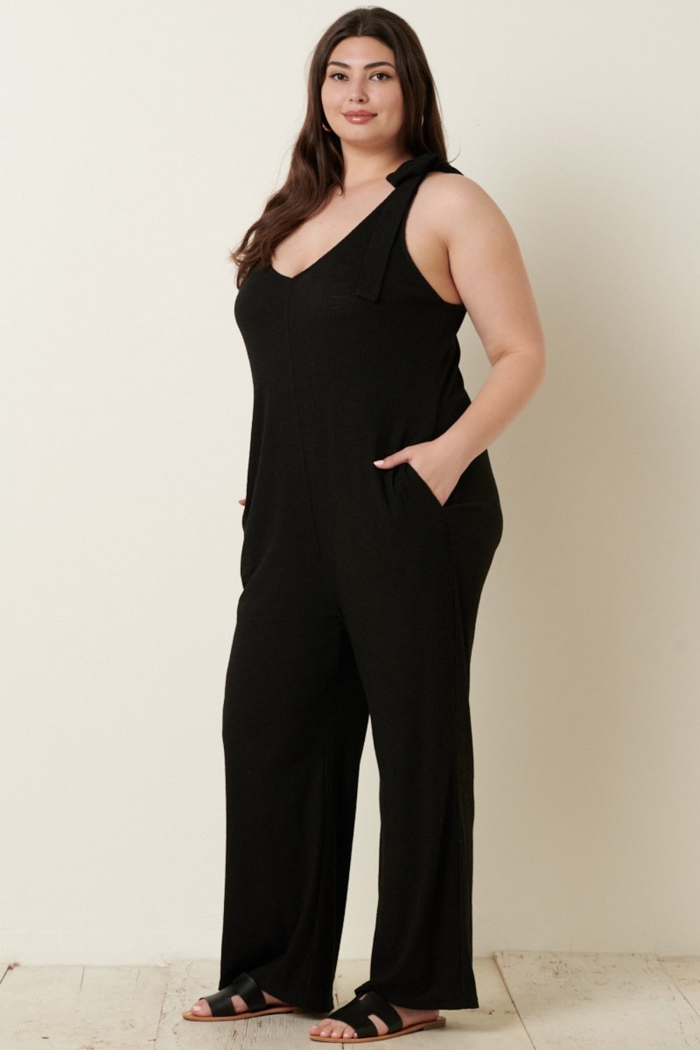 Mittoshop Women's Rib Knit V-Neck Jumpsuit with Cross Back - Trendy & Versatile