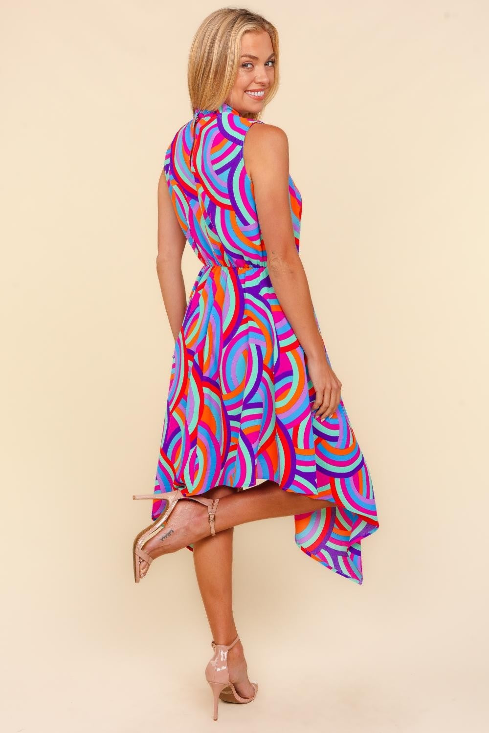 Haptics Full Size Geometric Print Mock Neck Sleeveless Dress with Pockets