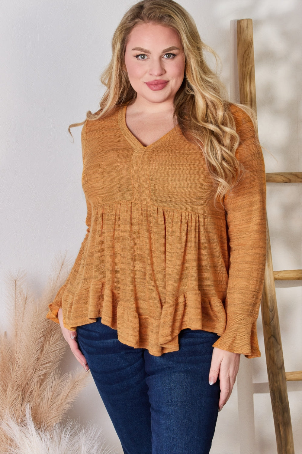 Hailey & Co Women's Full Size V-Neck Flounce Sleeve Blouse - Elegant & Versatile