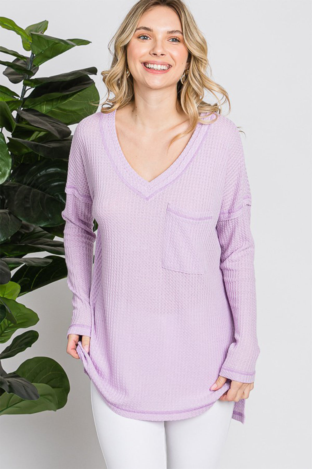 Cozy Waffle Knit V-Neck Long Sleeve T-Shirt for Women by Reborn J