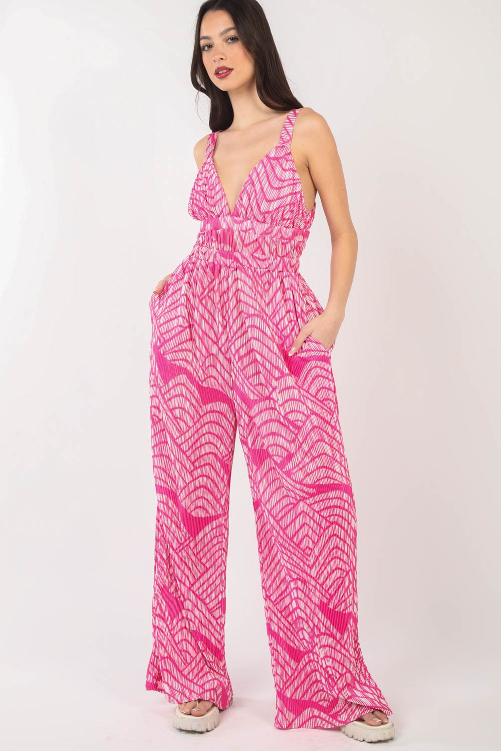 Chic Printed Pleated Jumpsuit for Women - Sleeveless Wide-Leg Design