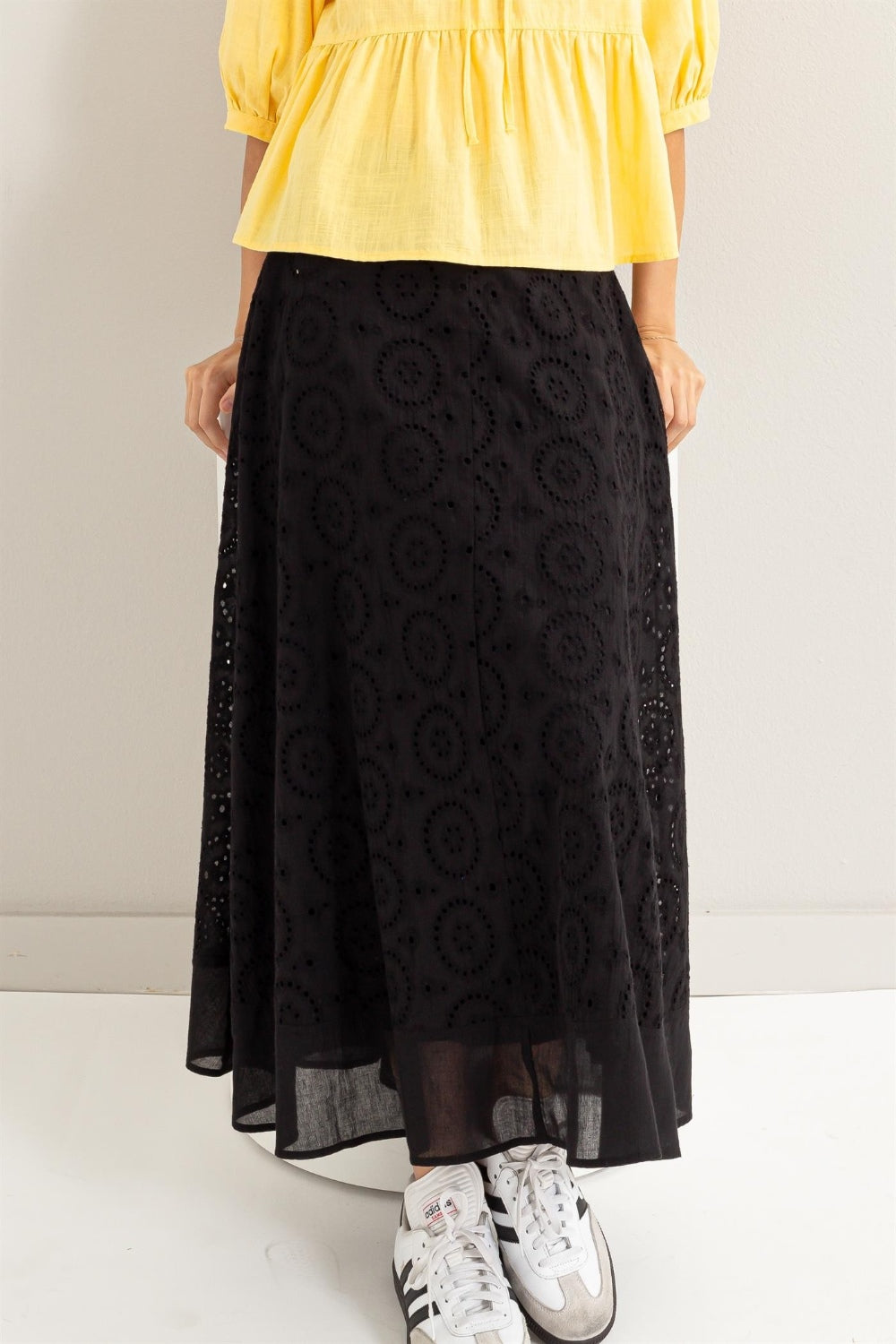 HYFVE Eyelet High-Waist Cotton Midi Skirt - Flared and Dreamy