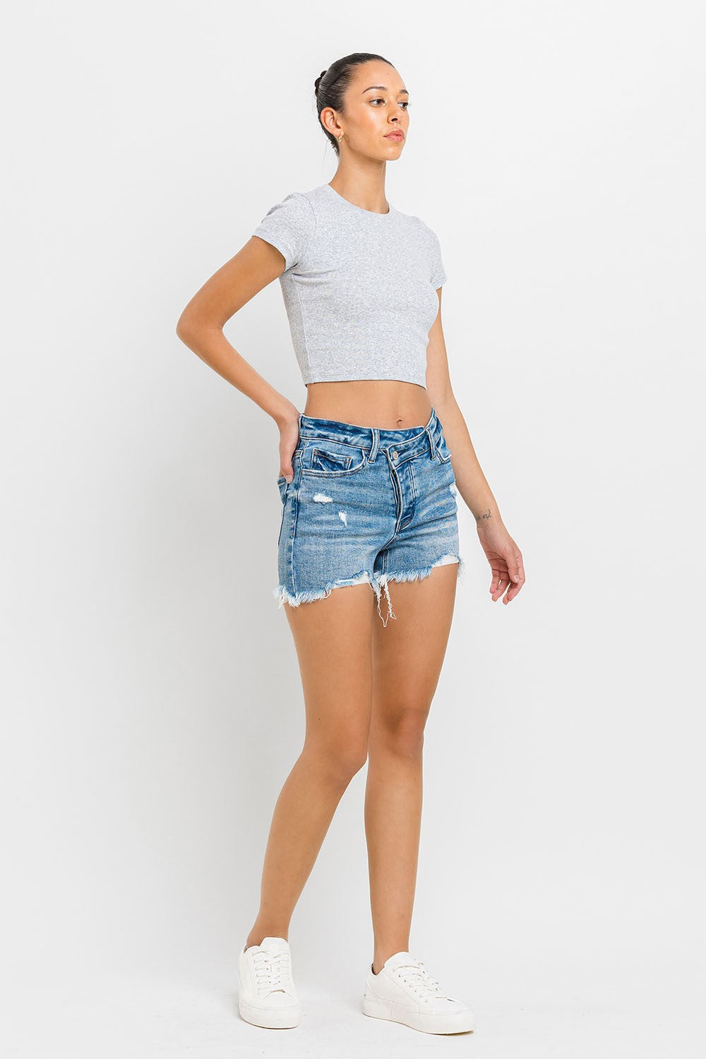 Lovervet Women's Stepped Waist Raw Hem Denim Shorts – Trendy Summer Essential