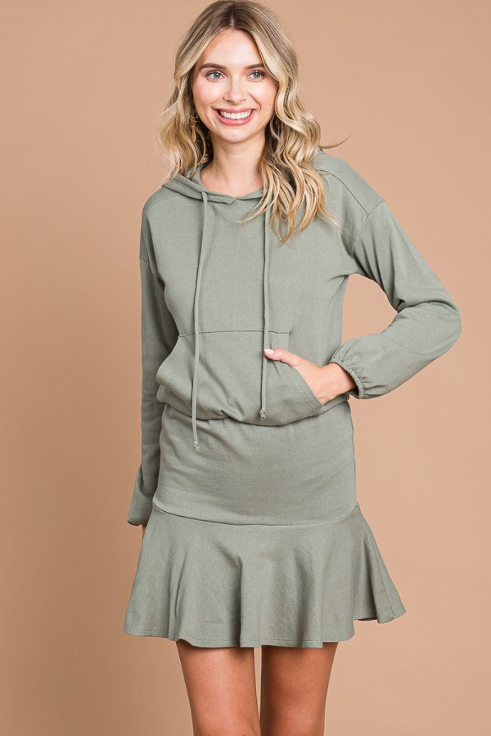 Trendy Culture Code Drawstring Hooded Mini Dress with Dropped Shoulders