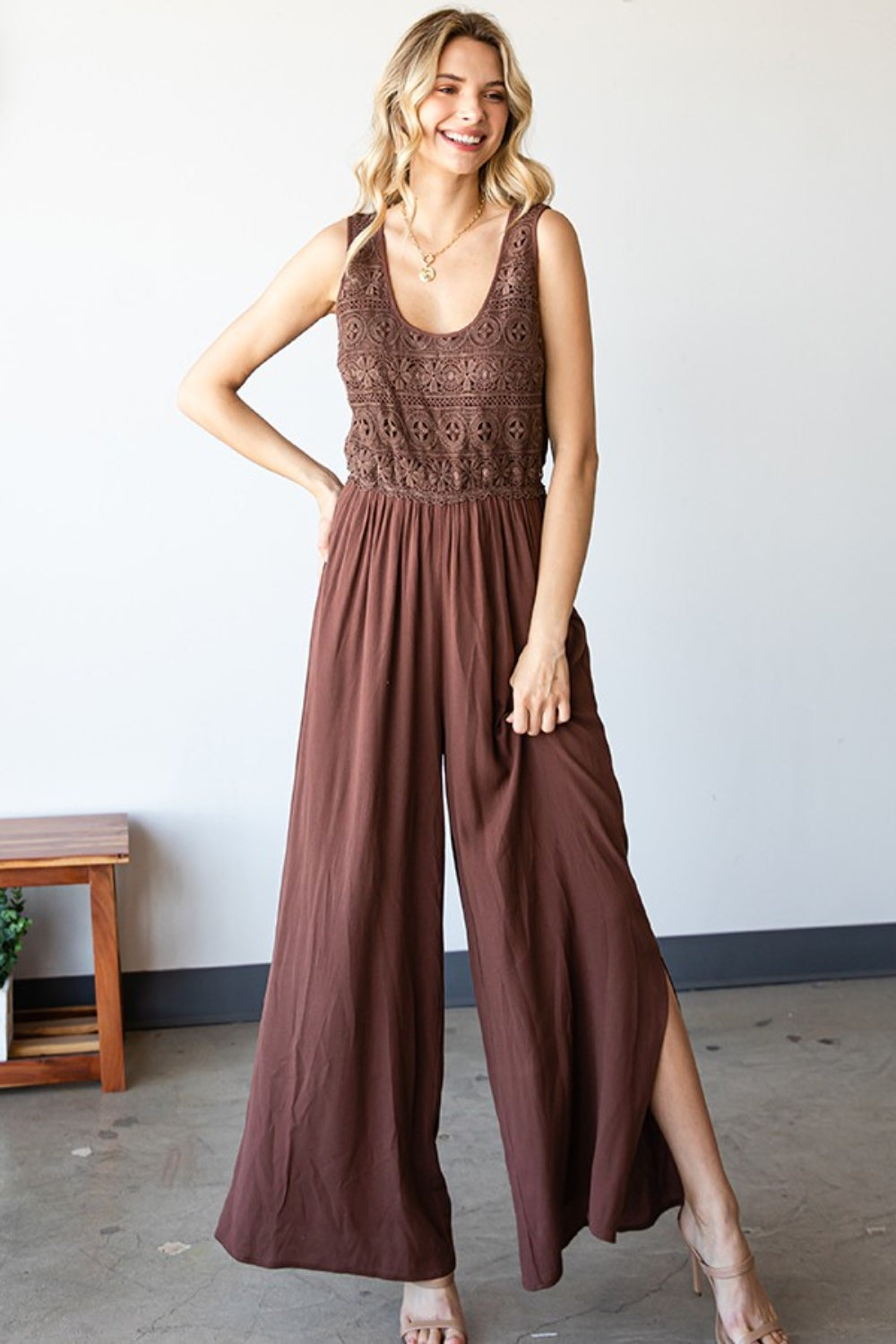 First Love Tie Back Sleeveless Wide Leg Jumpsuit with Slit for Women