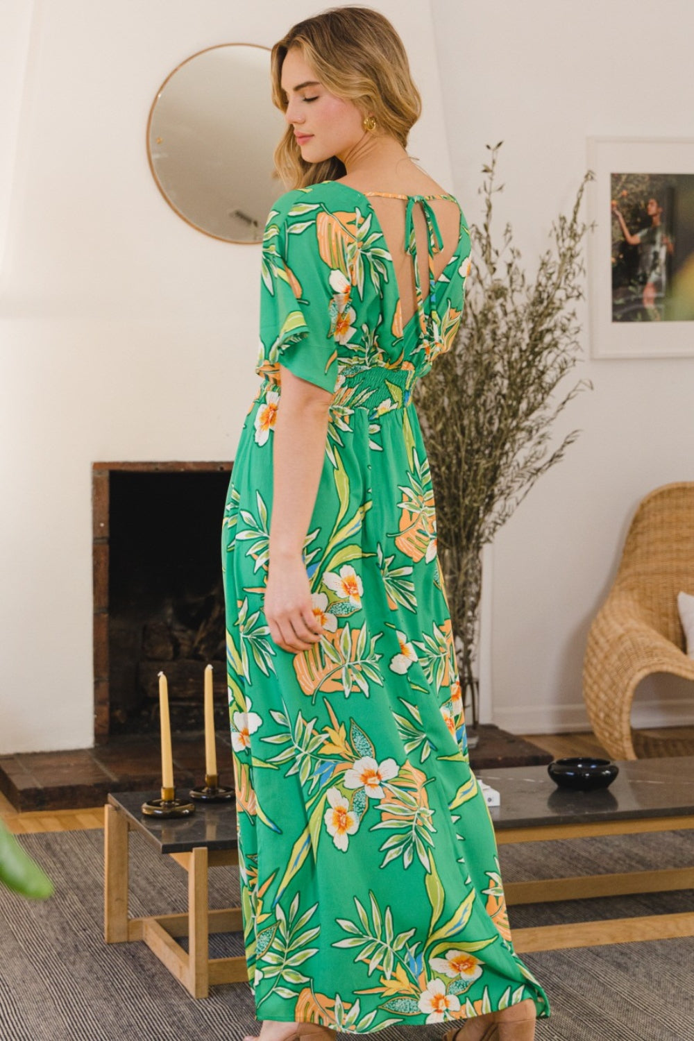 ODDI Women's Floral Smocked Tied Back Maxi Dress - Boho Chic for Summer