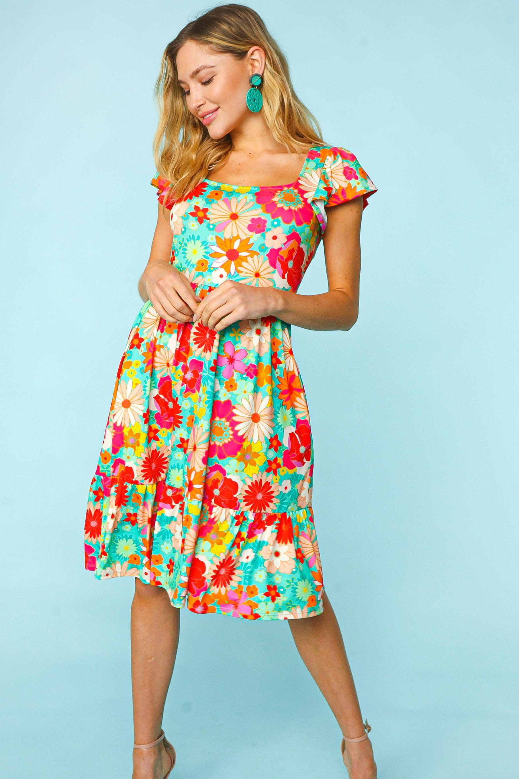 Haptics Floral Square Neck Short Sleeve Dress - Romantic & Elegant Women's Fashion