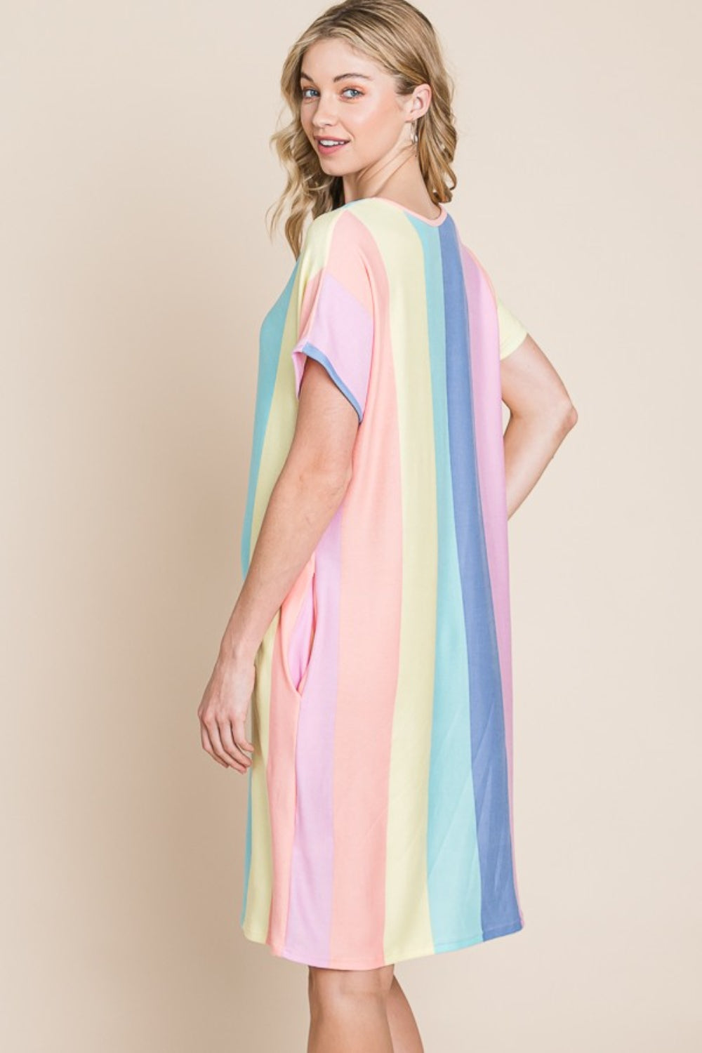 BOMBOM Women's Striped Short Sleeve Dress with Pockets - Casual & Stylish