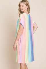 BOMBOM Women's Striped Short Sleeve Dress with Pockets - Casual & Stylish