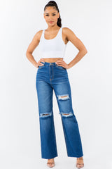 American Bazi Women's High Waist Distressed Wide Leg Jeans - Vintage-Inspired, Chic Denim Fashion