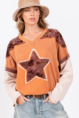 SAGE + FIG Star Patch Long Sleeve Color Block T-Shirt - Trendy Oversized Cotton Tee